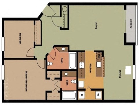 Floor plan for 2 beds, 2 baths, 988 sqft